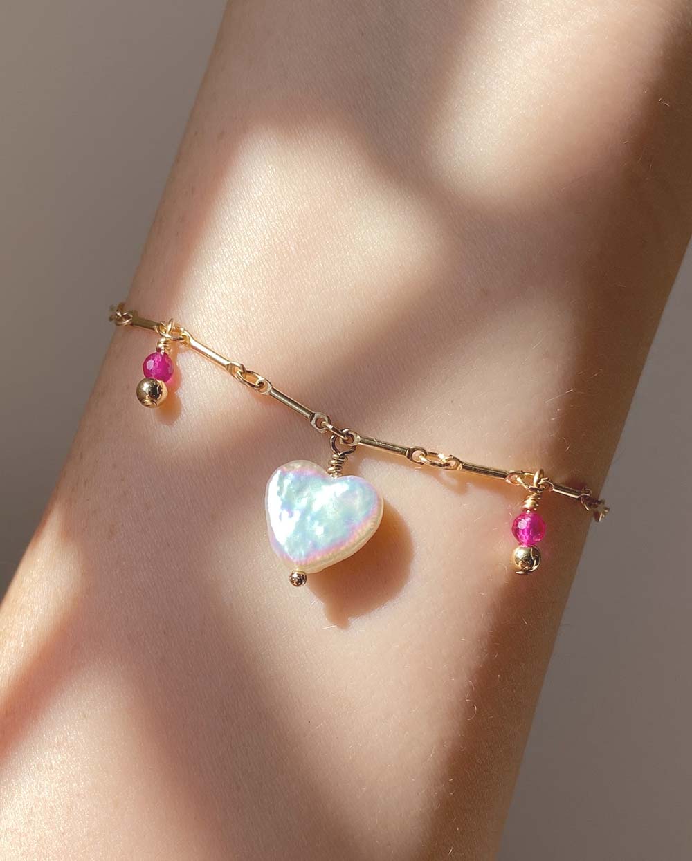 Gemstone Heart Charm Bracelet 14K Gold Filled