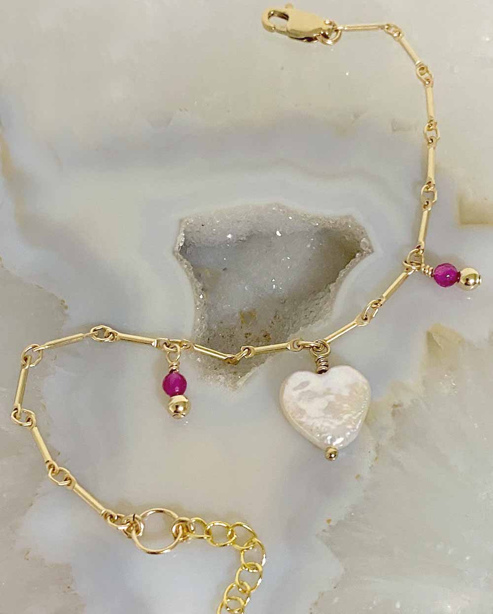 Gemstone Heart Charm Bracelet 14K Gold Filled