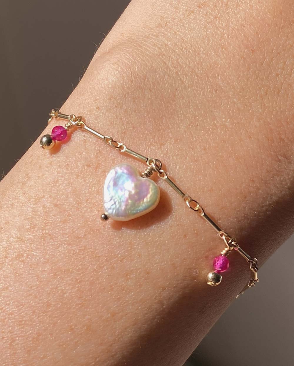 Gemstone Heart Charm Bracelet 14K Gold Filled