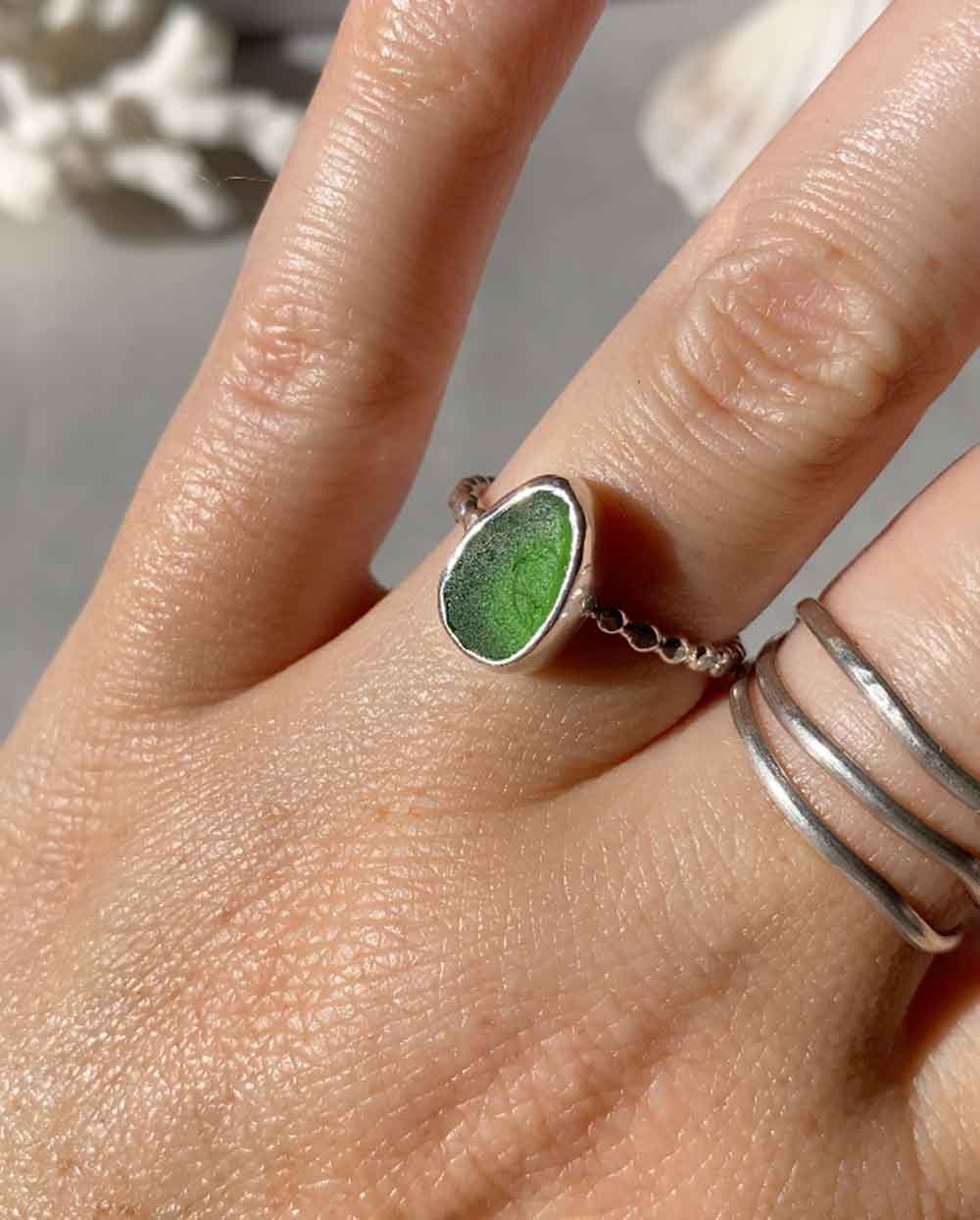 Emerald Sea Glass Ring - Size 7 1/2