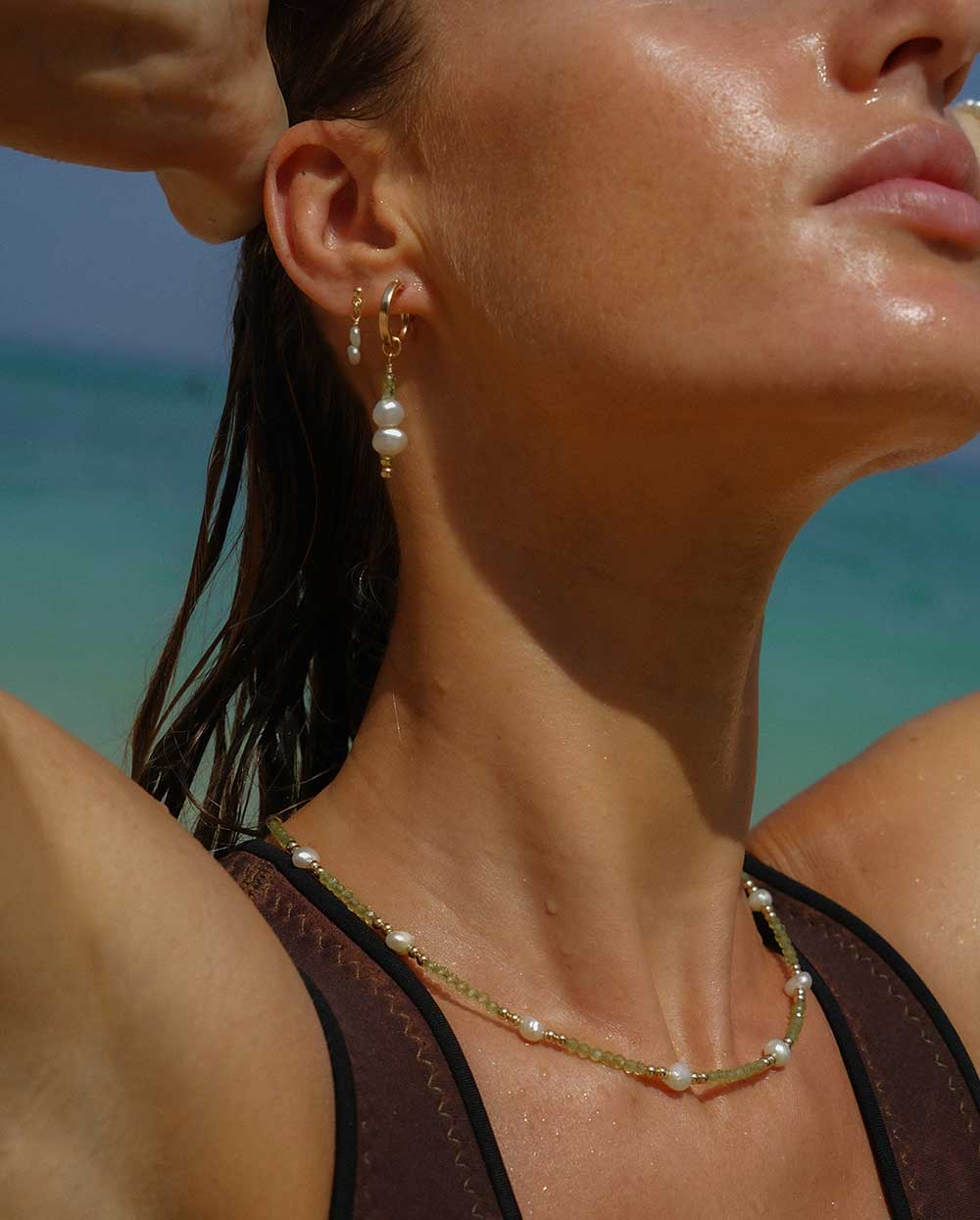 Peridot & Pearl Huggie Earrings 14K Gold Filled