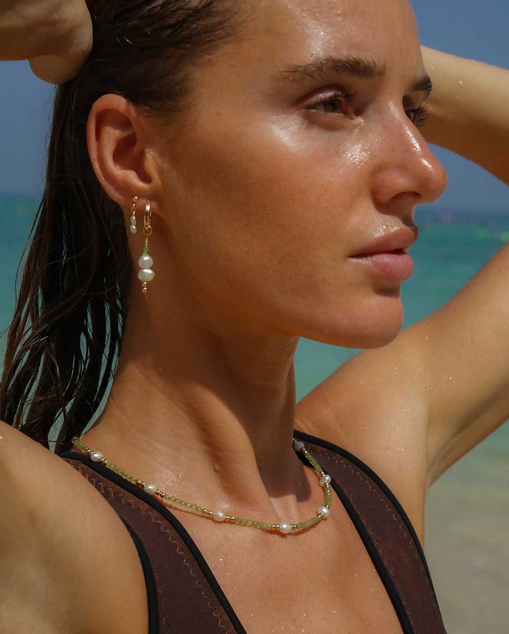 Peridot & Pearl Huggie Earrings 14K Gold Filled