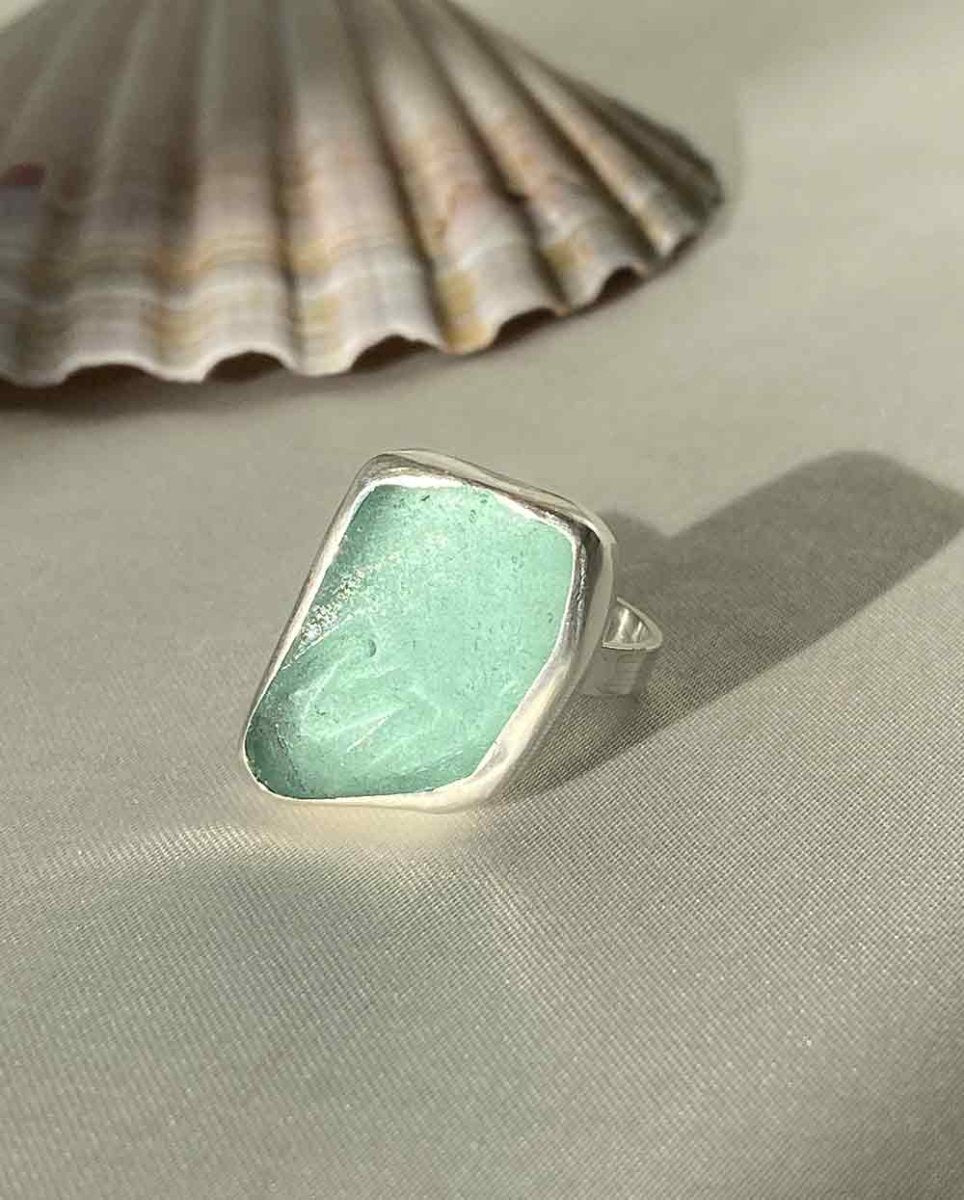 M Aqua Sea Glass Ring - Size 6Sea Glass RingSterling SilverAngela Wozniak Jewellery