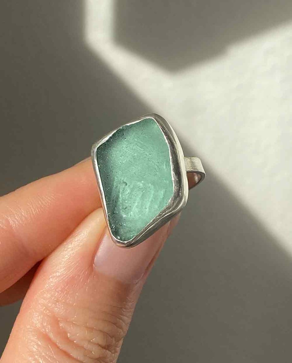 M Aqua Sea Glass Ring - Size 6Sea Glass RingSterling SilverAngela Wozniak Jewellery