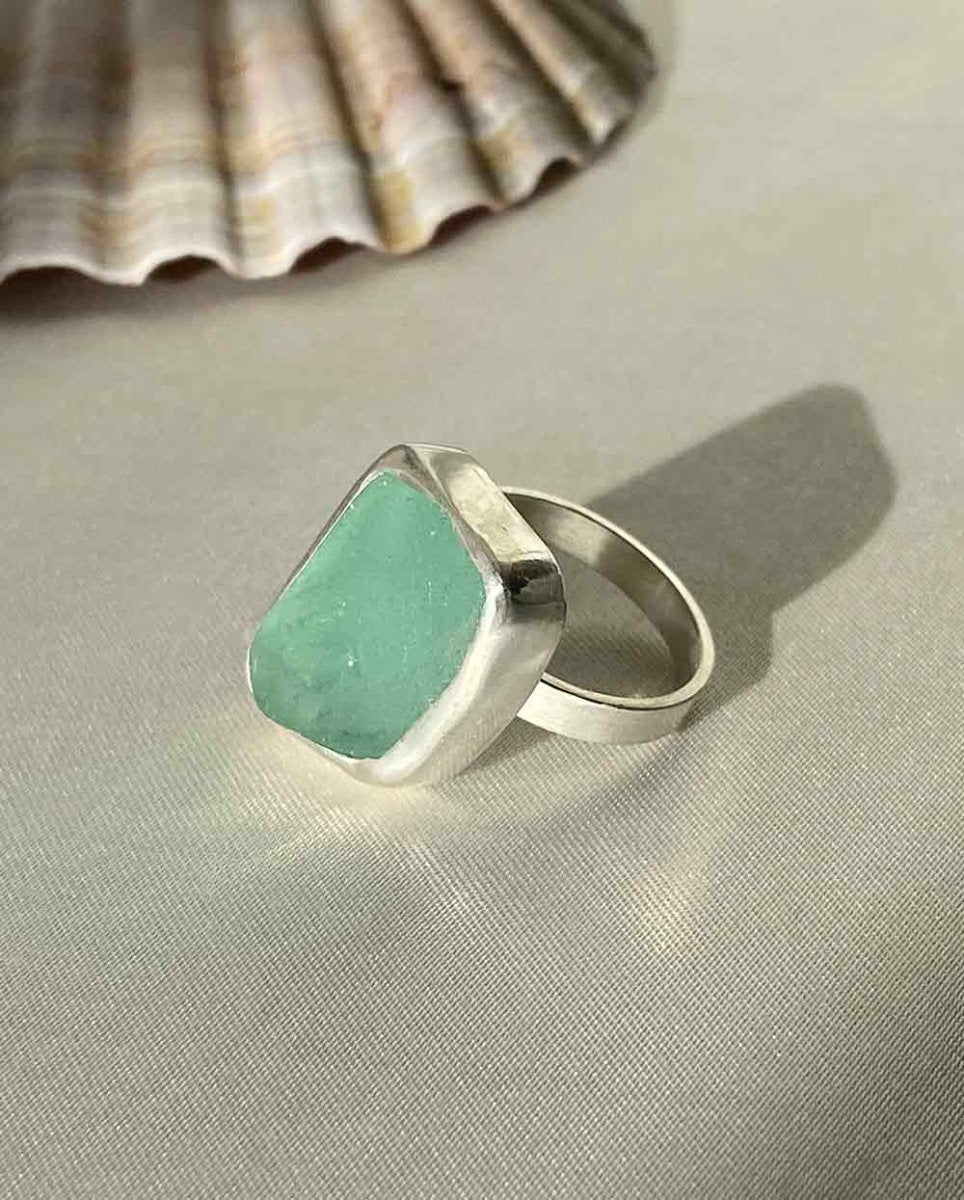 M Aqua Sea Glass Ring - Size 6Sea Glass RingSterling SilverAngela Wozniak Jewellery