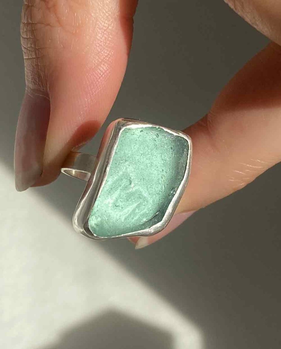 M Aqua Sea Glass Ring - Size 6Sea Glass RingSterling SilverAngela Wozniak Jewellery