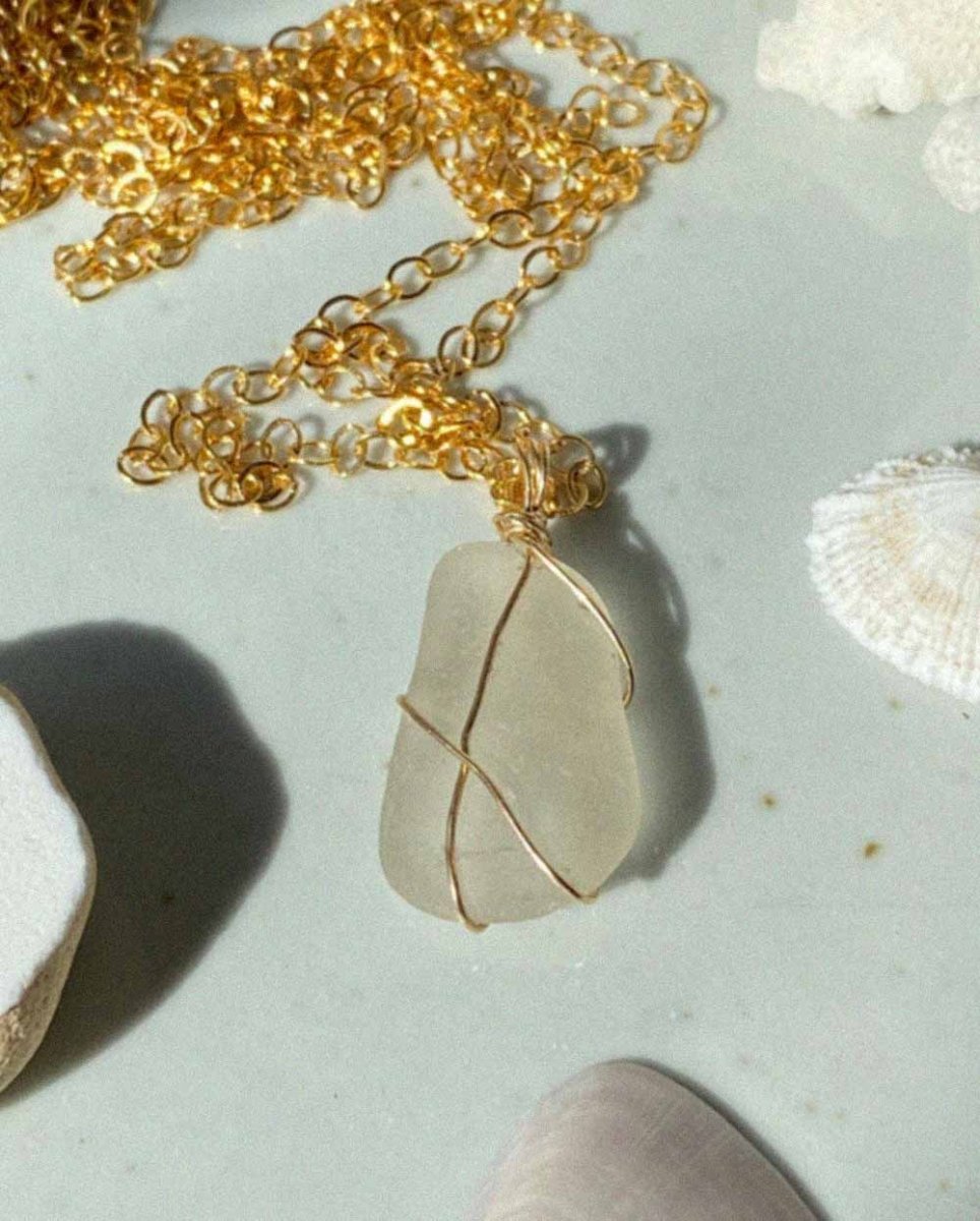 Wire Wrapped White Sea Glass NecklaceSea Glass Necklaces14K Gold FilledAngela Wozniak Jewellery