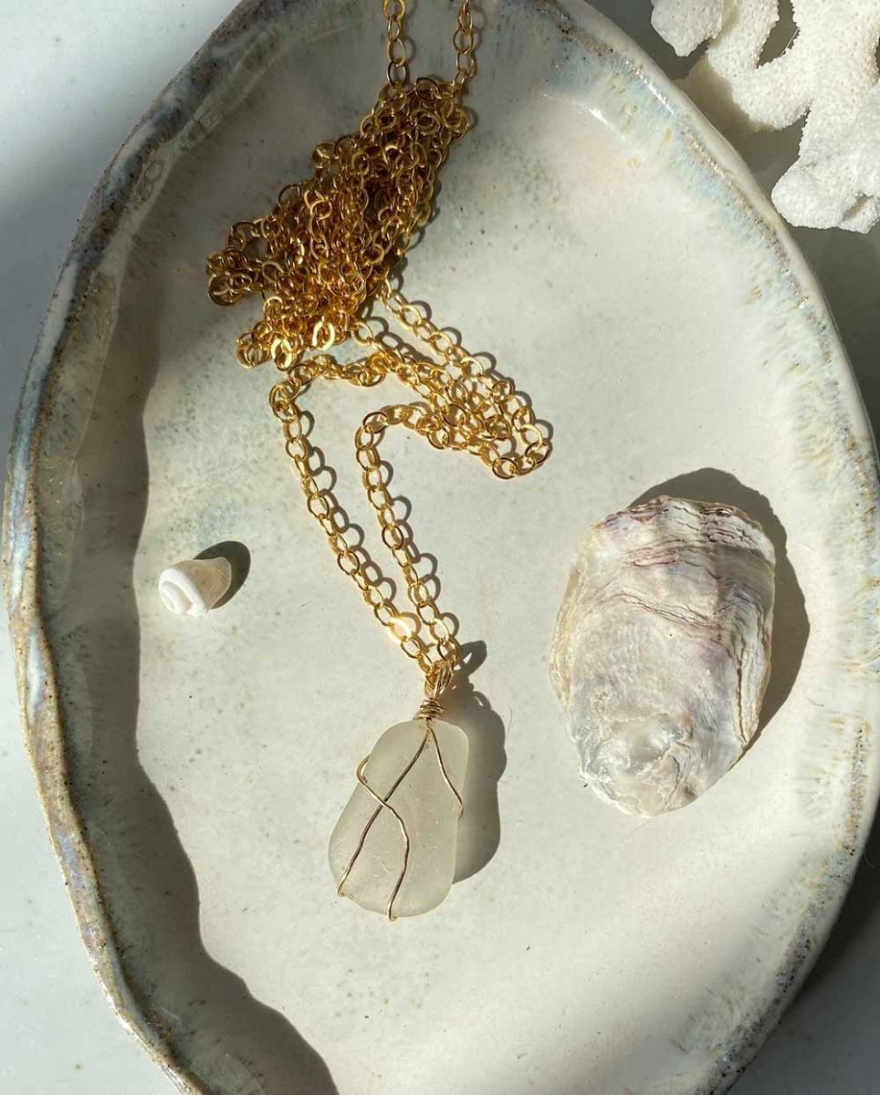 Wire Wrapped White Sea Glass NecklaceSea Glass Necklaces14K Gold FilledAngela Wozniak Jewellery