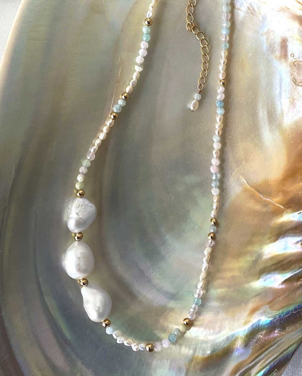 Aqua Moon Pearl NecklaceNecklaces14K aquamarine pearl necklace gold filled jewellery you can wear at the beach