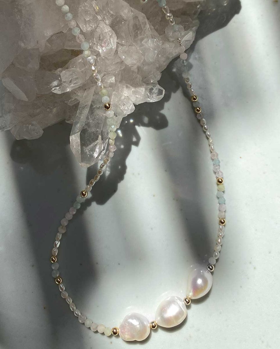 Aqua Moon Pearl NecklaceNecklaces14K aquamarine pearl necklace gold filled jewellery you can wear at the beach