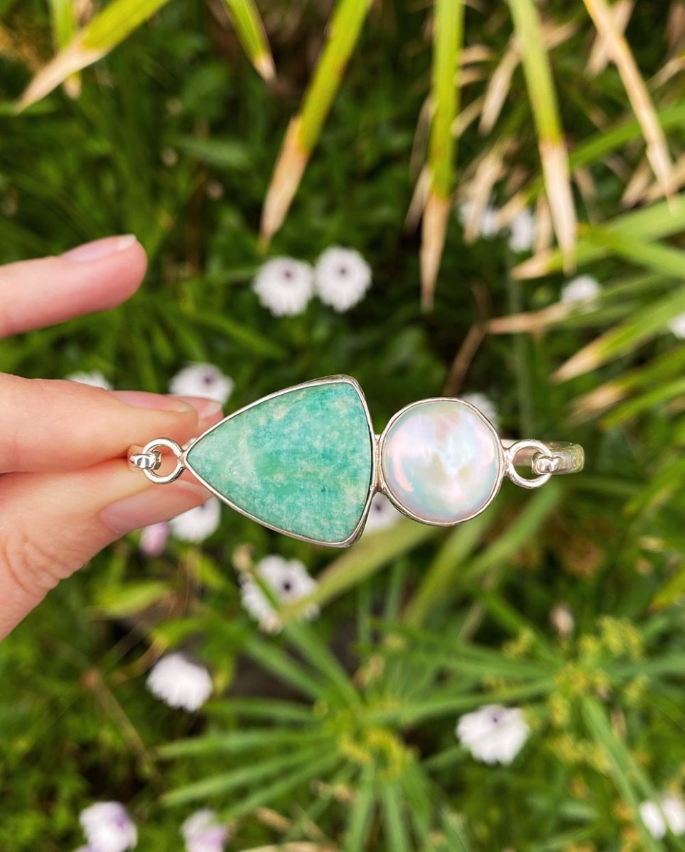 'Self Love' Amazonite & Pearl Cuff BraceletBraceletsSterling SilverAngela Wozniak Jewellery