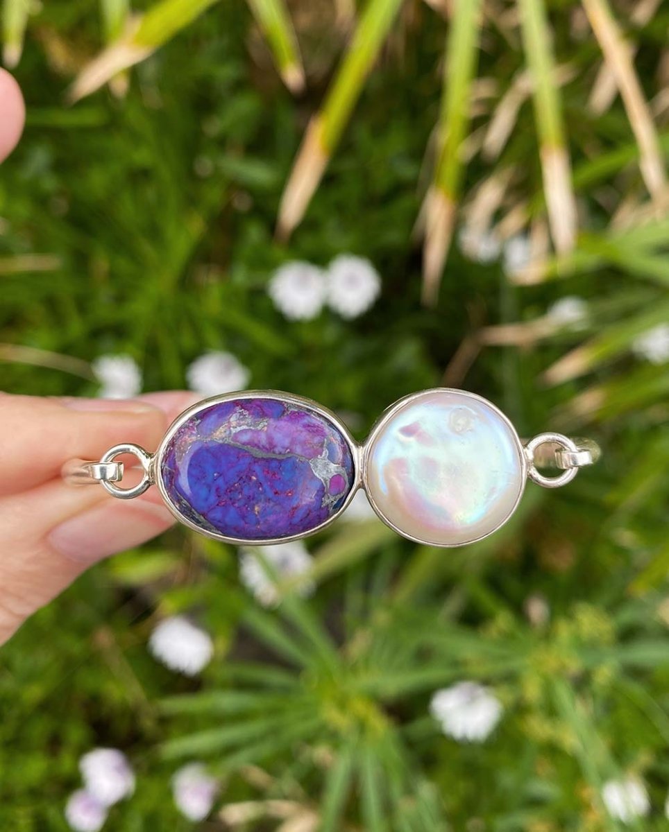 'Self Love' Mohave Turquoise & Coin Pearl CuffBraceletsSterling SilverAngela Wozniak Jewellery