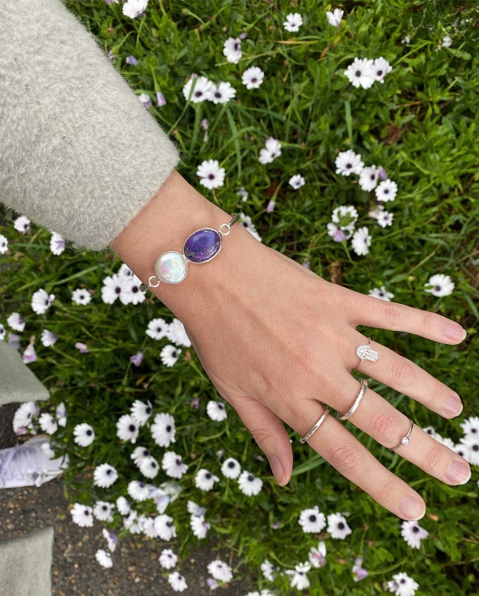 'Self Love' Mohave Turquoise & Coin Pearl CuffBraceletsSterling SilverAngela Wozniak Jewellery