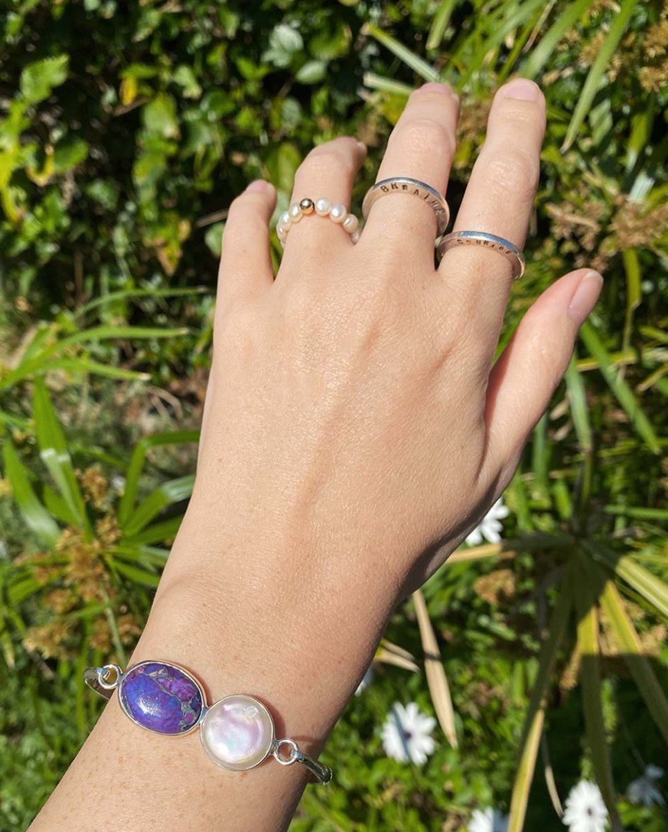 'Self Love' Mohave Turquoise & Coin Pearl CuffBraceletsSterling SilverAngela Wozniak Jewellery