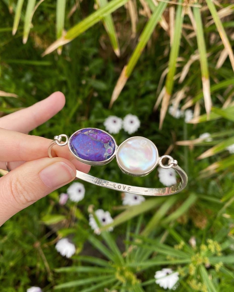 'Self Love' Mohave Turquoise & Coin Pearl CuffBraceletsSterling SilverAngela Wozniak Jewellery