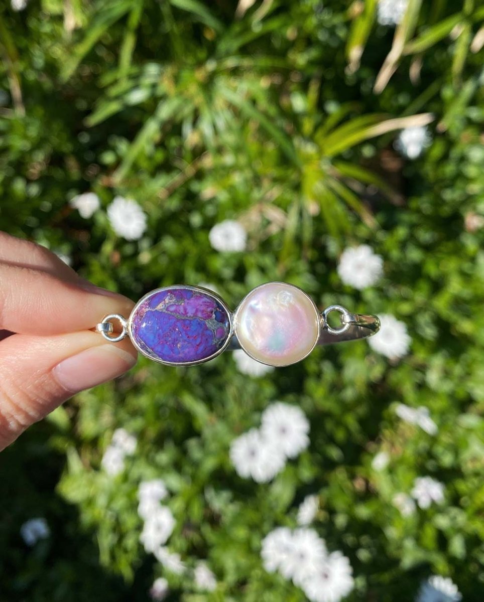 'Self Love' Mohave Turquoise & Coin Pearl CuffBraceletsSterling SilverAngela Wozniak Jewellery