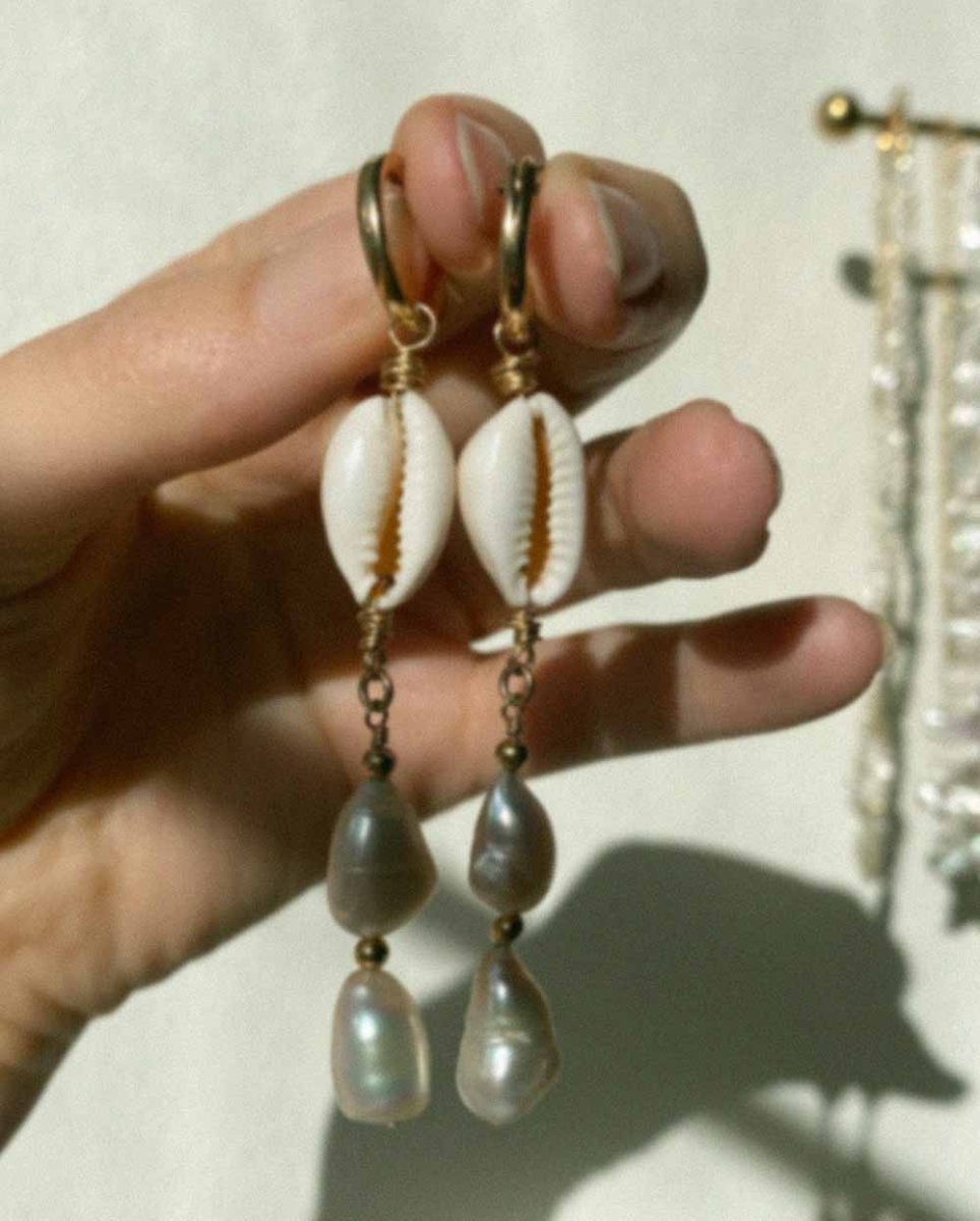 1.7 Inch White Sea Shell Pearl & CZ Micro Pave Stud Drop Earrings – Gold Plated