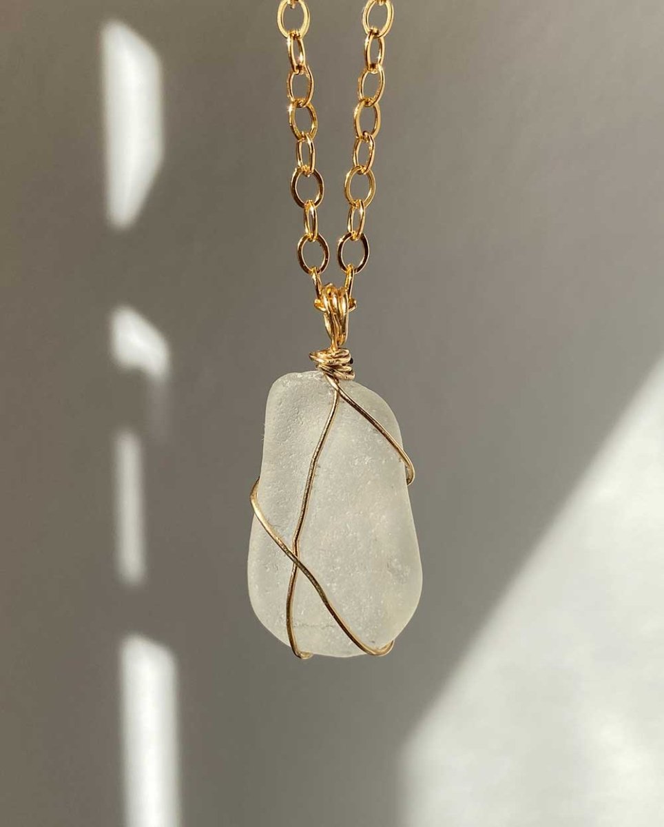 Wire Wrapped White Sea Glass NecklaceSea Glass Necklaces14K Gold FilledAngela Wozniak Jewellery