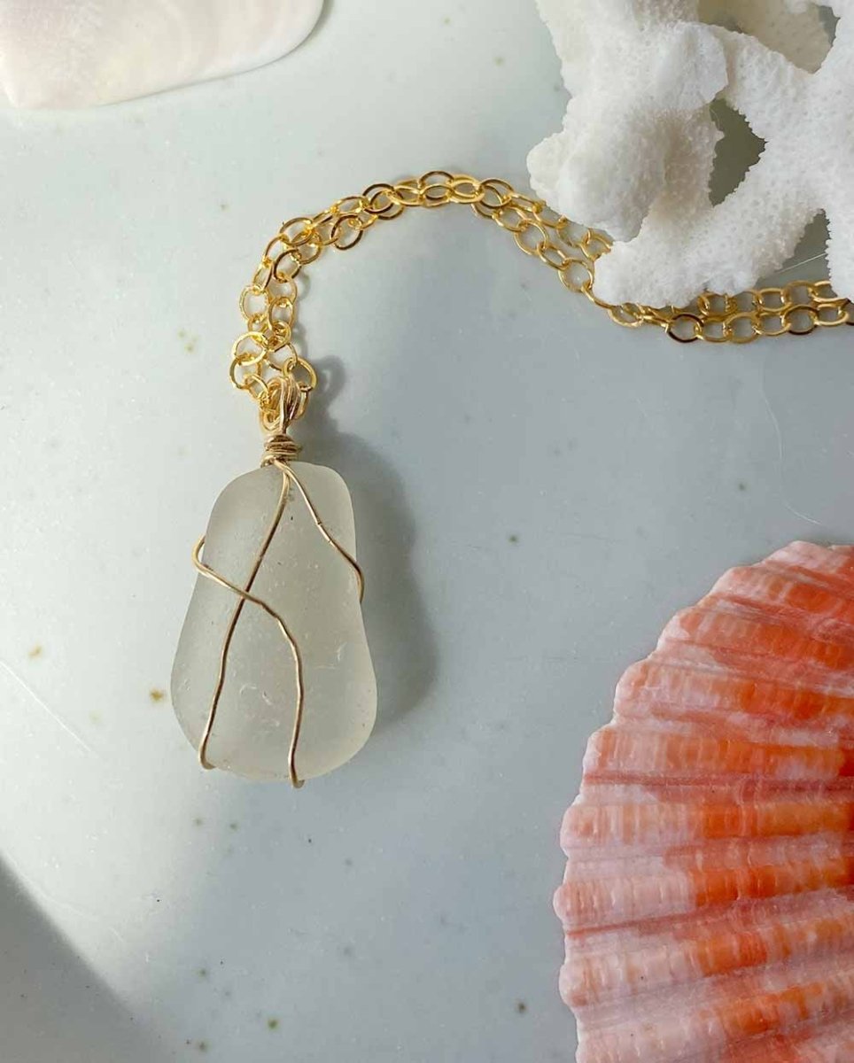 Wire Wrapped White Sea Glass NecklaceSea Glass Necklaces14K Gold FilledAngela Wozniak Jewellery