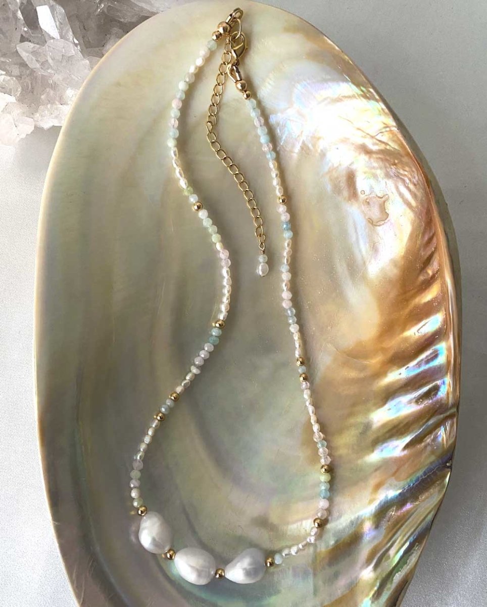 Aqua Moon Pearl NecklaceNecklaces14K aquamarine pearl necklace gold filled jewellery you can wear at the beach
