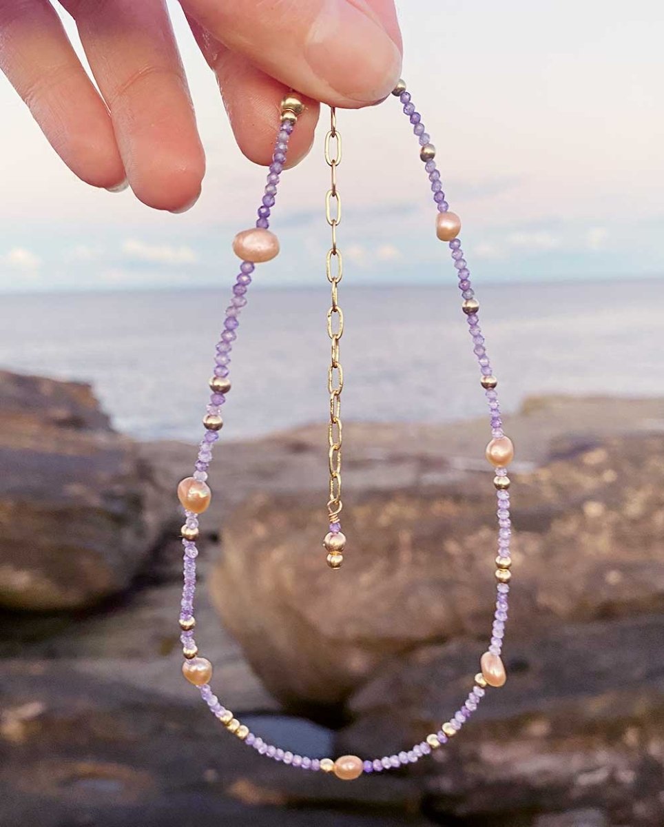 Semi Precious Amethyst Colour Two Line Necklace Set – Sanvi Jewels